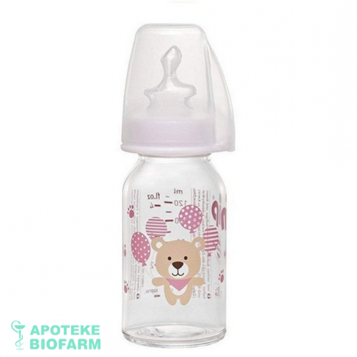 NIP FLAŠICA STAKLENA SA SILIKONSKOM CUCLOM ZA DEVOJČICE 125ML Nip Flasica Staklena Sa Silikonskom Cuclom Za Devojčice 125Ml