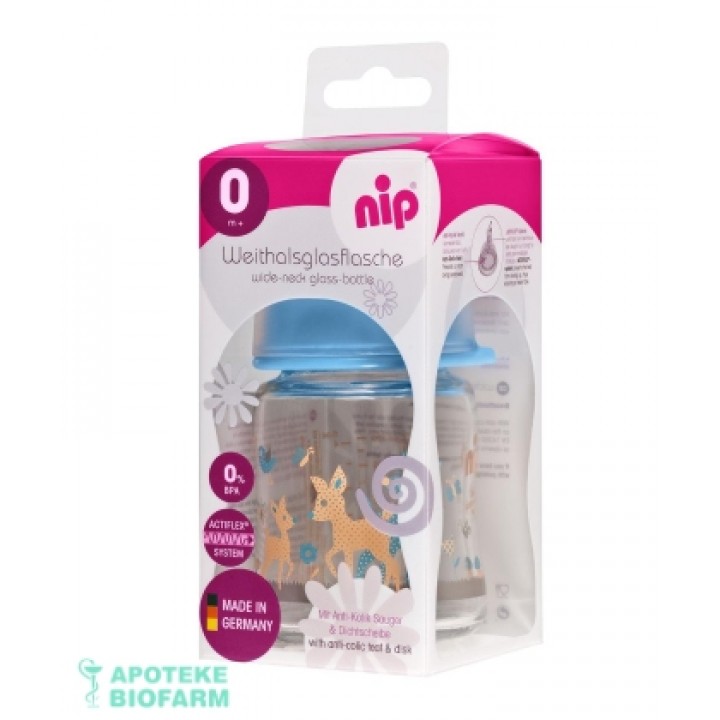 Nip Flasica Staklena Siroki Otvor Plava 0M+ 120Ml